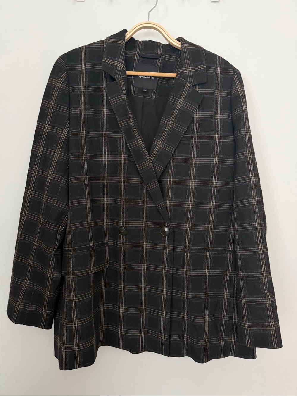 Madewell Black Plaid Double-Breasted Blazer with Tan Windowpane